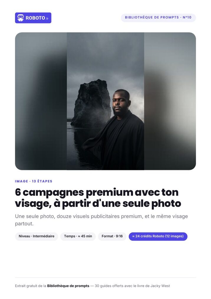 Guide cover — Le guide de ce prompt : 6 campagnes premium avec ton visage, à partir d'une seule photo