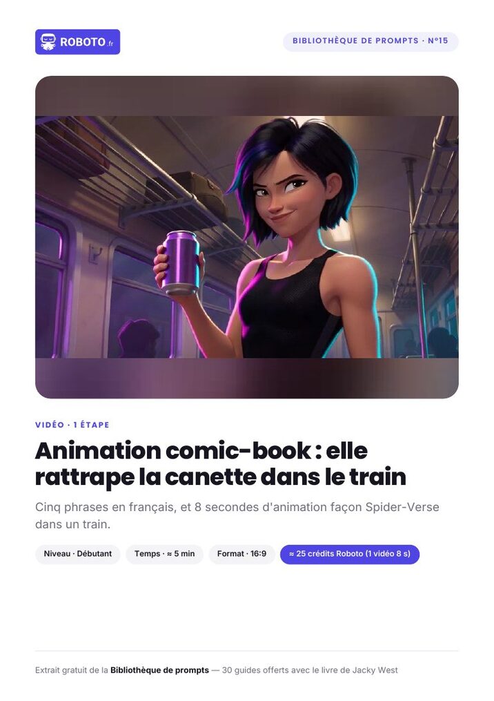 Couverture du guide — Le guide de ce prompt : Animation comic-book : elle rattrape la canette dans le train