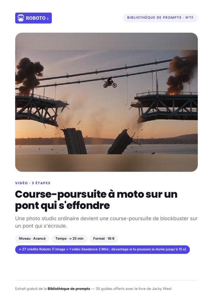 Guide cover — Le guide de ce prompt : Course-poursuite à moto sur un pont qui s'effondre