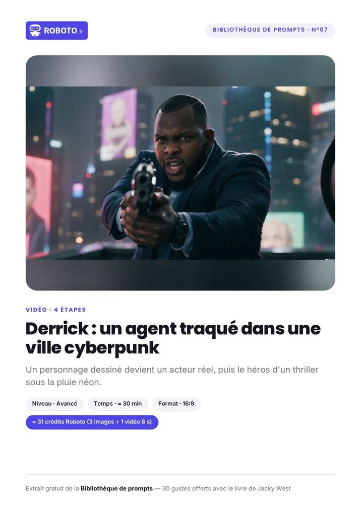 Couverture du guide — Le guide de ce prompt : Derrick : un agent traqué dans une ville cyberpunk