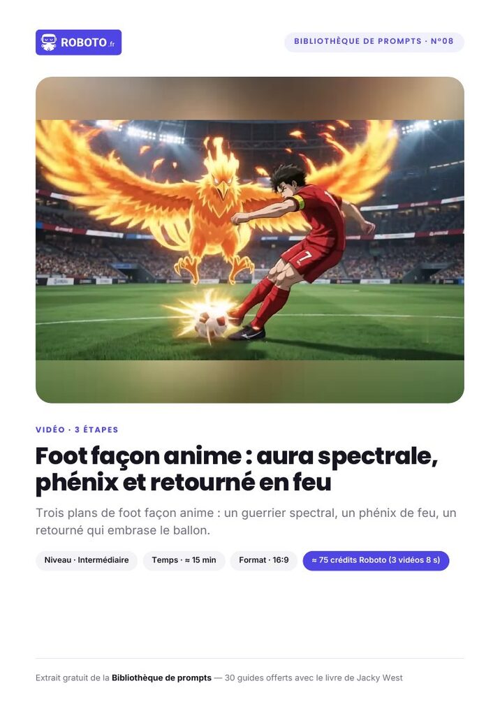 Guide cover — Le guide de ce prompt : Foot façon anime : aura spectrale, phénix et retourné en feu