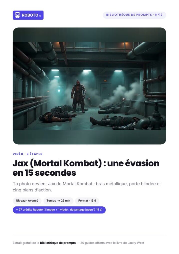 Guide cover — Le guide de ce prompt : Jax (Mortal Kombat) : une évasion en 15 secondes