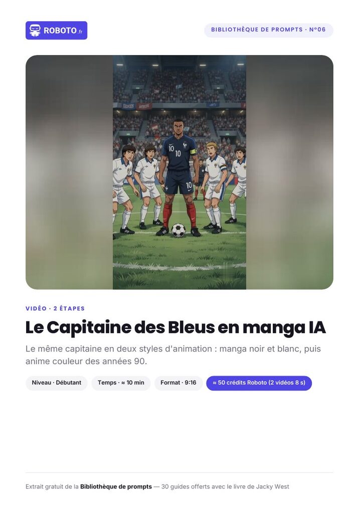 Couverture du guide — Le guide de ce prompt : Le Capitaine des Bleus en manga IA