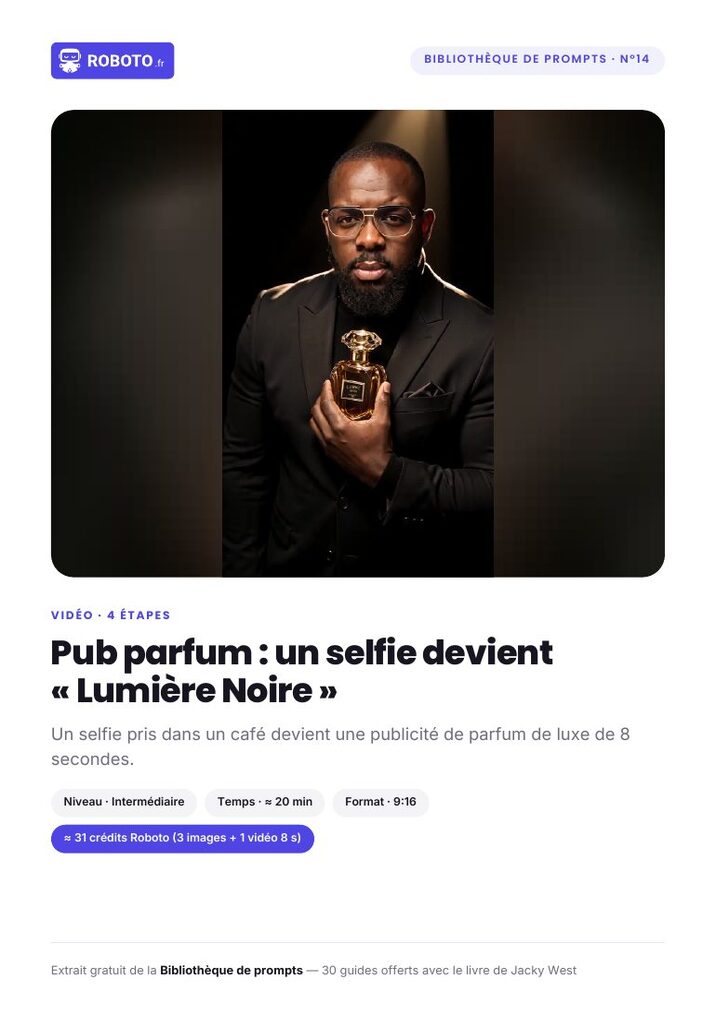 Couverture du guide — Le guide de ce prompt : Pub parfum : un selfie devient « Lumière Noire »