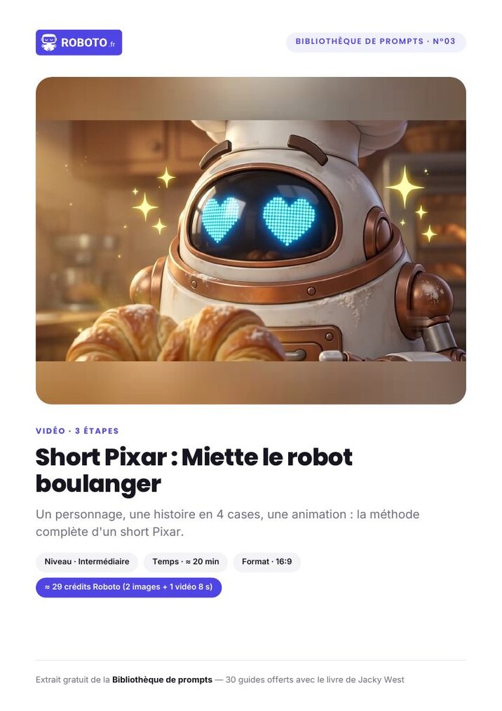 Couverture du guide — Le guide de ce prompt : Short Pixar : Miette le robot boulanger