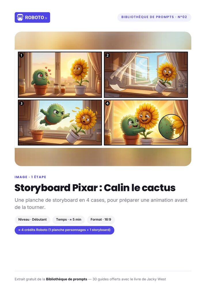 Couverture du guide — Le guide de ce prompt : Storyboard Pixar : Calin le cactus