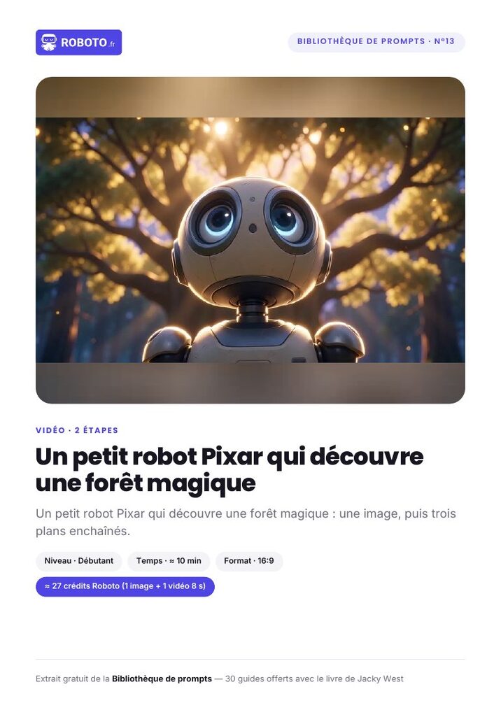 Guide cover — Le guide de ce prompt : Un petit robot Pixar qui découvre une forêt magique